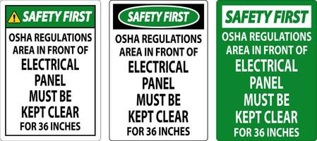 säkerhet först tecken osha föreskrifter - område i främre av elektrisk panel måste vara hålls klar för 36 inches vektor