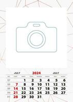 vägg kalender planerare mall för juli 2024, vecka börjar på söndag. vektor