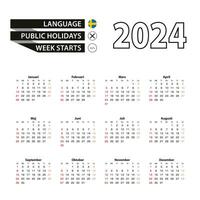 2024 kalender i svenska språk, vecka börjar från söndag. vektor