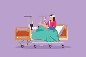 Grafik eben Design Zeichnung Frau geduldig mit gebrochen Bein Lügen im Krankenhaus. Krankenhausaufenthalt von geduldig. krank Person im Bett. das Bein ist verbunden und Fest mit gießen. Karikatur Stil Vektor Illustration