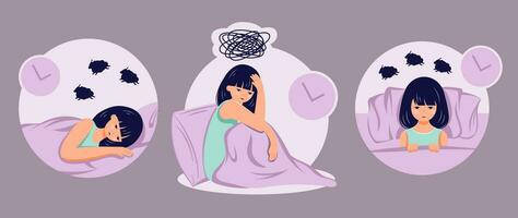 sömn oordning koncepr kvinna person lida från sömnlöshet platt ilustration vektor