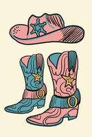 einstellen von Illustration von Cowboy Stiefel im Jahrgang Stil. Design Elemente zum Logo, Emblem, Zeichen, Poster, Karte, und Banner. Vektor Illustration.