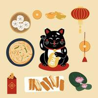 glücklich Chinesisch Neu Jahr mit Feier Dekorationen und Essen Satz. vektor
