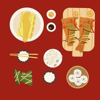 Sammlung von Chinesisch Essen mit gebraten Fisch, Ei Rollen und dim Summe Elemente. vektor