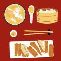 kinesisk traditionell mat med ångad klimpar, wonton soppa och fläsk mage samling. vektor