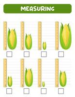 mätning längd med linjal. utbildning utvecklande arbetsblad. spel för barn.vektor illustration. öva lakan.majs mått i inches vektor