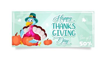 Happy Thanksgiving Day Banner flache Vektorvorlage. Herbstferienverkauf. Piligrims Truthahn mit Kürbissen isolierte Zeichentrickfigur. Banner, Broschüre, Broschüren-Design-Layout mit Platz für Text vektor