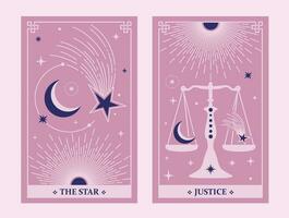 das Star und Gerechtigkeit Tarot Karte Illustration Vermögen erzählen Okkulte Mystiker esoterisch. himmlisch Tarot Karten Basic Hexe Tarot. Vektor Illustration.