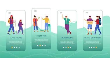 Budget-Tourismus-Onboarding-Bildschirmvektorvorlage für mobile Apps. günstige Reiseideen. Walkthrough-Website-Schritte mit flachen Zeichen. ux, ui, gui Smartphone-Cartoon-Schnittstellenkonzept vektor