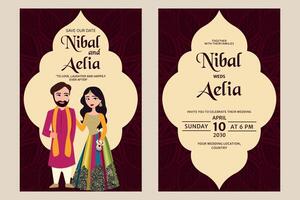 Vektor indisch Hochzeit Einladung Karte enthält Braut und Bräutigam tragen Grün Farbe Mehendi Outfits