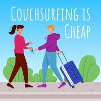 couchsurfing är billigt sociala medier efter mockup. logi utan kostnad. reklam banner designmall. social media booster, innehållslayout. reklamaffisch, tryckta annonser med platta illustrationer vektor