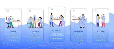 Methoden der wissenschaftlichen Forschung beim Onboarding der Bildschirmvektorvorlage für mobile Apps Arbeit des Wissenschaftlers. Walkthrough-Website-Schritte mit flachen Zeichen. ux, ui, gui Smartphone-Cartoon-Schnittstellenkonzept vektor