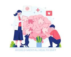 värld mental hälsa dag begrepp illustration. en kvinna psykologi specialist läkare och en man arbete tillsammans till ansluter kontursåg bit pussel till en enorm hjärna vektor