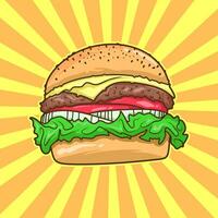 Karikatur lecker groß Hamburger mit Käse und Sesam Saat Vektor Illustration