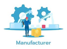 Hersteller flache Vektorillustration. Mann, der die Produktionslinie der Fabrik überwacht und Einnahmen zählt Herstellungsverfahren. Produktionskonzept. Geschäftsmodell. isolierte Zeichentrickfigur auf weiß vektor