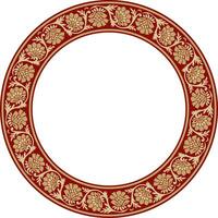 vektor runda guld med röd indisk nationell prydnad. etnisk växt cirkel, gräns. ram, blomma ringa. vallmo och löv..