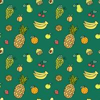 Früchte Muster. bunt Gekritzel natürlich Essen Elemente Hintergrund. süß wiederholen Gliederung Abbildungen mit Ananas, Apfel, Beeren, Bananen, Orange vektor