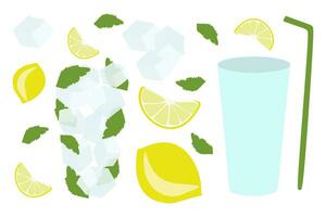 färsk citronsaft Ingredienser platt uppsättning. citron- eller kalk, is, sugrör, mynta för saftig dryck. vektor illustration. frukt recept för friska cocktail. design konst dryck för klistermärke, affisch, strand bar logotyp.