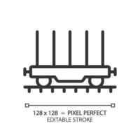 flatbil pixel perfekt linjär ikon. frakt järnväg bil. öppen plattform. frakt behållare. rullande stock. tunn linje illustration. kontur symbol. vektor översikt teckning. redigerbar stroke