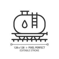 Panzer Auto Pixel perfekt linear Symbol. Benzin Transport. Eisenbahn Wagen. Diesel Kraftstoff. Flüssigkeit Ladung. dünn Linie Illustration. Kontur Symbol. Vektor Gliederung Zeichnung. editierbar Schlaganfall