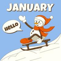 Hej januari. retro häftig snögubbe karaktär i en hatt och vantar hälsar och rider ner en glida på en kälke. vinter- snö bakgrund, fyrkant formatera, dialog låda. vektor tecknad serie illustration.