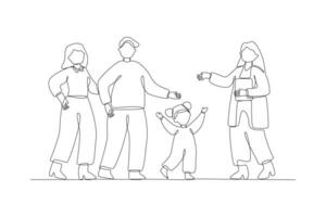 ett kontinuerlig linje teckning av ungar, föräldrar och läkare. föräldraskap i sjukvård begrepp. klotter vektor illustration i enkel linjär stil.
