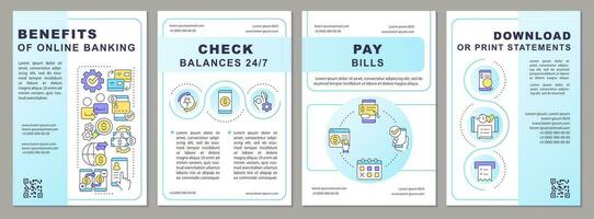 e Bankwesen Vorteile Broschüre Vorlage. online Geld Überweisungen. Flugblatt Design mit linear Symbole. editierbar 4 Vektor Layouts zum Präsentation, jährlich Berichte