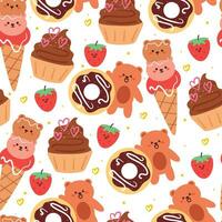 nahtlos Muster Karikatur Bär und süß Dessert Design. süß Hintergrund zum Textil, Geschenk wickeln Papier vektor