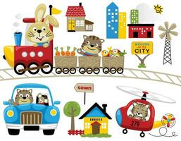 uppsättning av fordon tecknad serie med rolig djur och byggnader vektor