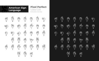 amerikanisch Zeichen Sprache Pixel perfekt linear Symbole einstellen zum dunkel, Licht Modus. dünn Linie Symbole zum Nacht, Tag Thema. isoliert Illustrationen. editierbar Schlaganfall vektor