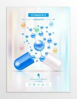 Vitamin b12 Blau im Kapsel. wesentlich Vitamine Komplex und Mineralien im molekular form. Diät Ergänzung zum Apotheke Werbung. Poster Banner Design zum Kliniken. Medizin Konzept. Vektor Folge10.