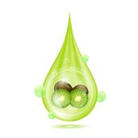 Kiwi Innerhalb Wasser Tröpfchen Grün isoliert auf Weiß Hintergrund. fallen Vitamine und Kollagen organisch Anti Altern Serum. Obst Acid Produkt. zum natürlich Öko Haut Pflege Kosmetik. realistisch 3d Vektor. vektor