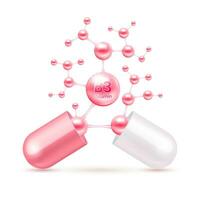 vitamin b3 rosa i kapsel. vitaminer komplex och mineraler i molekyl form. diet- tillägg för apotek annons. vetenskap läkare begrepp. isolerat på vit bakgrund. vektor eps10.