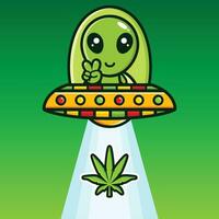 söt utomjording ridning en UFO plockning upp cannabis vektor