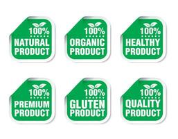 100 naturlig, organisk, friska, premie, gluten, kvalitet produkt grön klistermärken uppsättning vektor
