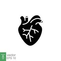 mänsklig hjärta ikon. enkel fast stil. inre organ, verklig, kardiologi, hjärt- anatomi, medicinsk begrepp. svart silhuett, glyf symbol. vektor illustration isolerat på vit bakgrund. eps 10.