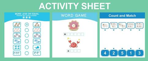pedagogisk tryckbar arbetsblad. matematiskt räkning, Mer mindre eller jämlikar arbetsblad. ord spel och komplett de ord arbetsblad. räkning och skrivning aktivitet. vektor illustrationer