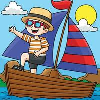 Junge auf das Boot Sommer- farbig Karikatur vektor