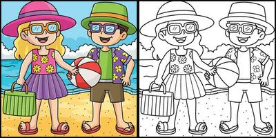 Kinder im ein Sommer- Outfit Färbung Illustration vektor