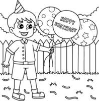 Junge mit glücklich Geburtstag Luftballons Färbung Seite vektor