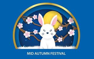 Mitte Herbst Festival Banner mit süßen Kaninchen im Papierschnitt-Stil. vektor
