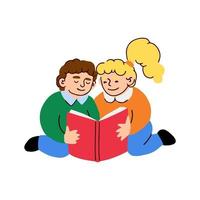 Vektor bunte Illustration eines kleinen Jungen und eines Mädchens liest ein Buch isoliert auf weißem Hintergrund