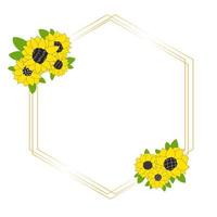 Süßer gold isolierter Hexagon-Rahmen mit Sonnenblumen für eine Hochzeitseinladung alles Gute zum Geburtstag Linie Vektor-Illustration von Kritzeleien vektor