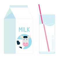 Tagebuchprodukt Milchpackung mit Kuh im Kreis und Glas Milch mit Stroh flache Design-Vektor-Illustration isoliert auf weißem Hintergrund. minimalistisches flaches Design-Boxpaket aus Milch und Glas vektor