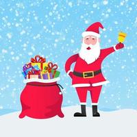 Weihnachtsmann mit Geschenktüte und Geschenken im Stehen bei fallendem Schnee vektor