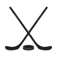 zwei schwarze Hockeyschläger und die flachen Designzusammensetzungsvektorillustrationsikonenzeichen des Pucks lokalisiert auf weißem Hintergrund. Symbole des Sportspiels Eishockey.