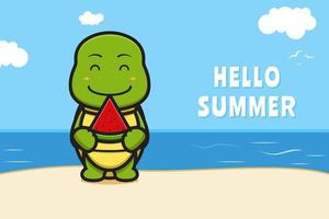 söt sköldpadda håller vattenmelon med en sommar hälsning banner tecknad vektor ikon illustration
