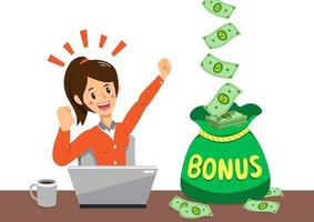 Cartoon glückliche Geschäftsfrau mit großem Bonusgeldbeutel vektor