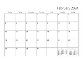 februari 2024 enkel kalender planerare, vecka börjar från måndag. vektor