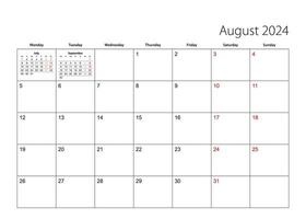 augusti 2024 enkel kalender planerare, vecka börjar från måndag. vektor